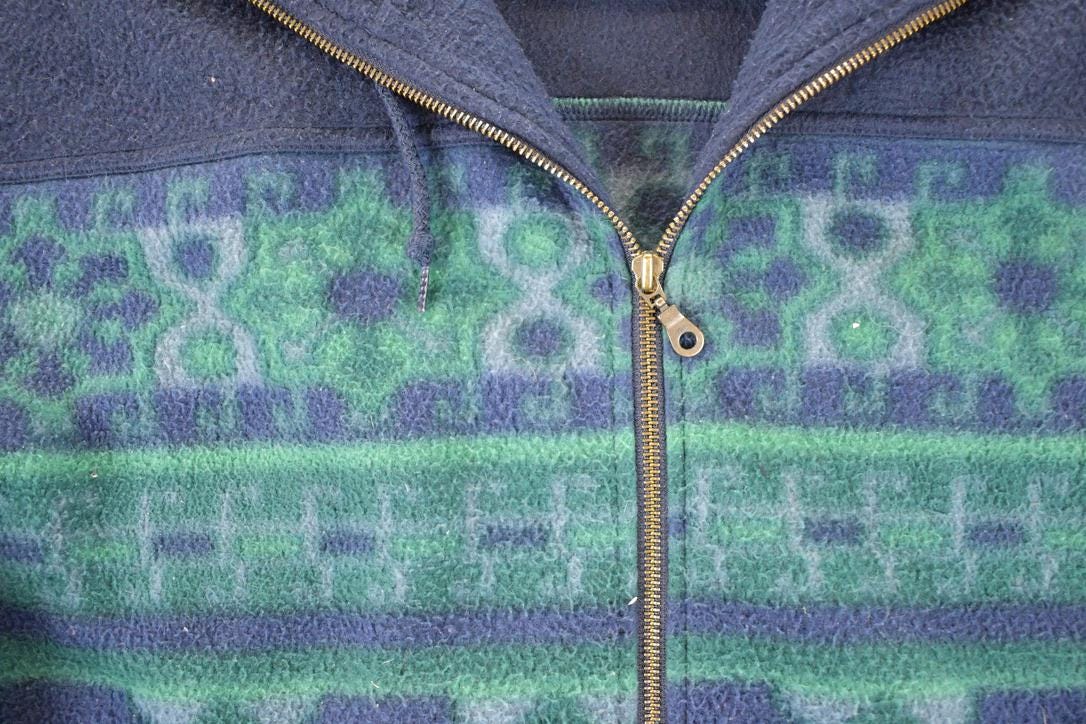 Vintage 1990s East West Aztec AOP Fleece Outdoorsman Hooded Sweater Mens XL / 90s Winter Sweatshirt / Fleece Hiking Zip up