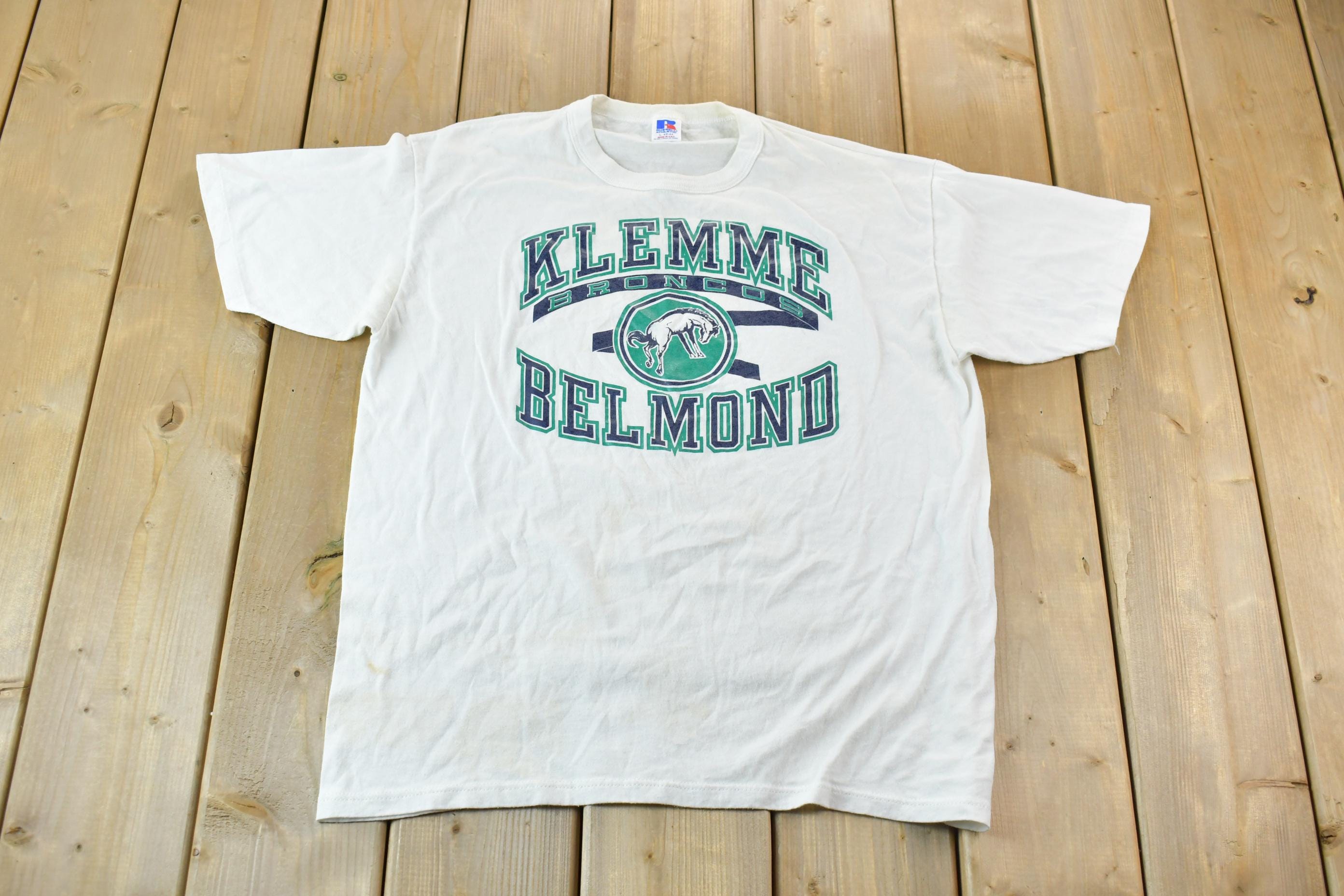 Vintage 1990s Single Stitch Russell Athletic Klemme Belmond Broncos Graphic T-Shirt