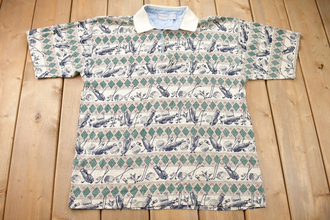 Vintage 1990s Bugle Boy Golf All Over Print Collared Polo Shirt