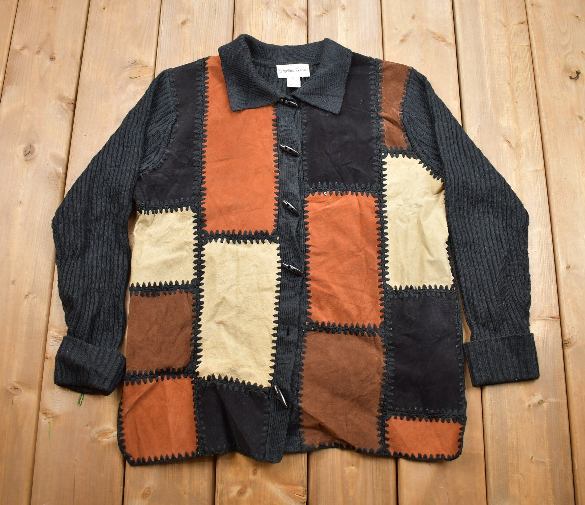 Vintage 1990s Hampshire Studio Wool Knit Leather Detail Sweater
