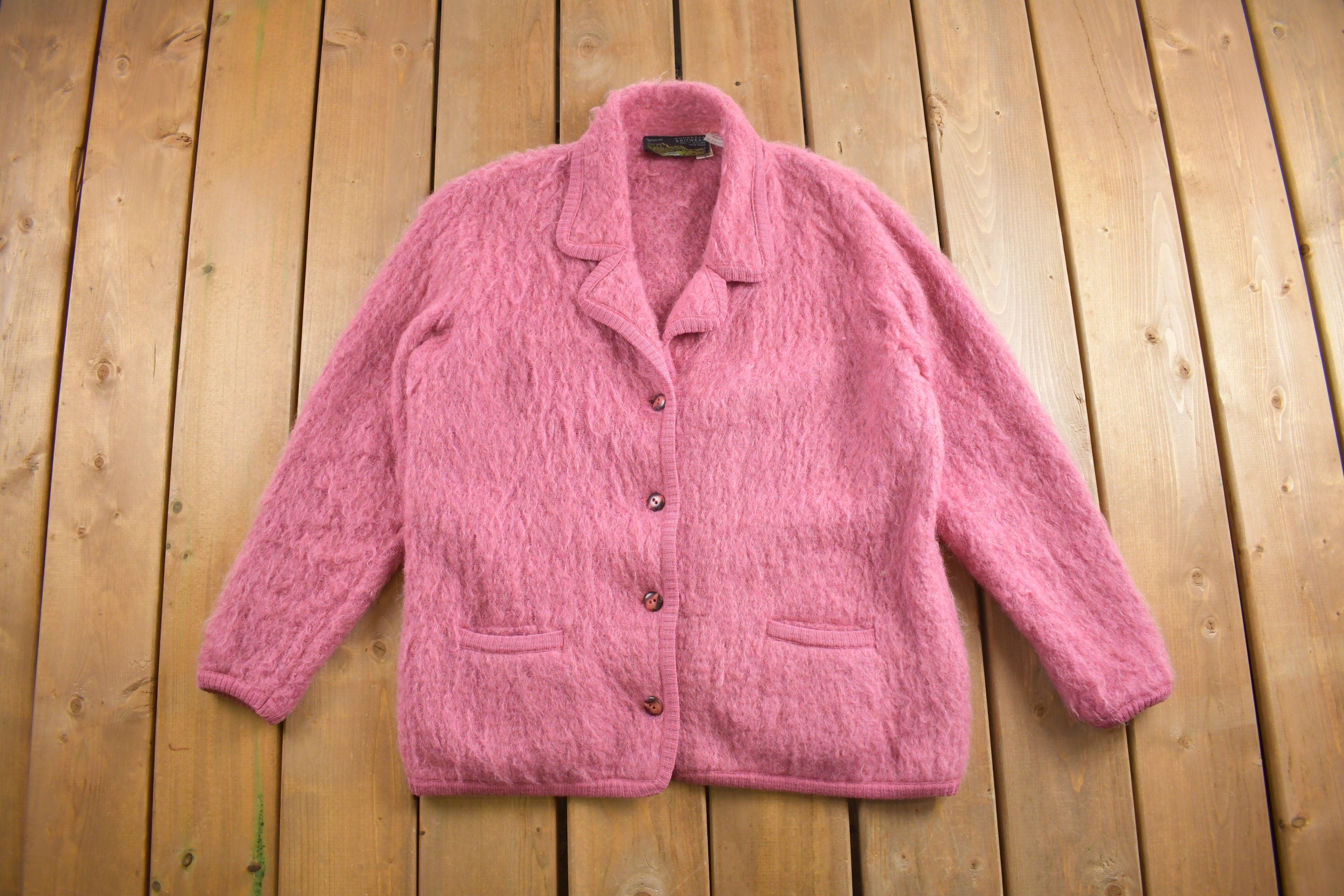 Vintage 1980s Burnbrae Knitwear Mohair Collared Cardigan Sweater