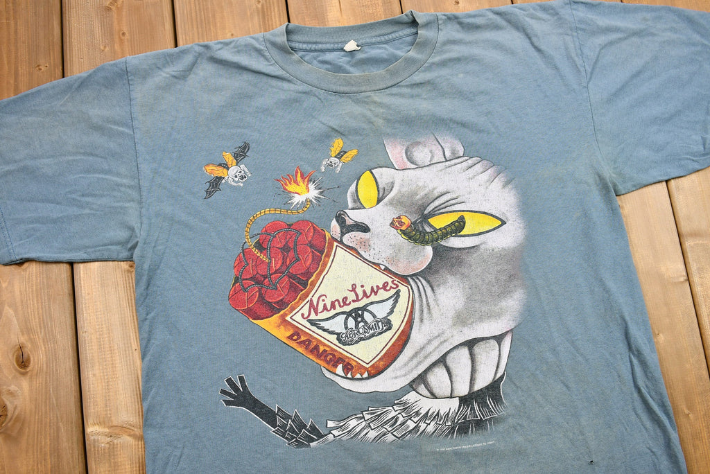 Vintage 1997 Naturally Distressed Aerosmith Nine Lives World Tour Graphic T-Shirt