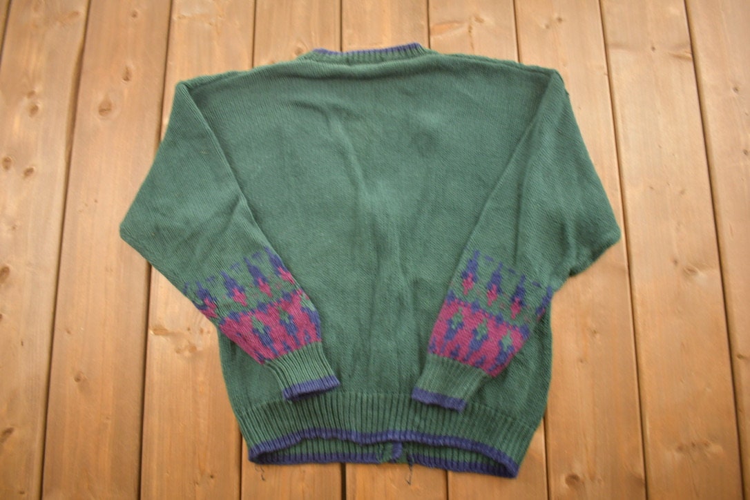 Vintage 1990s Paris Sport Club Knitted Cardigan Sweater / Vintage Cardigan / Button Up / Patchwork / Knitwear / All Over Print