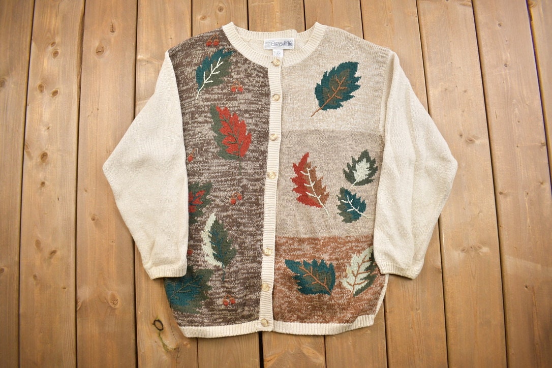 Vintage 1990s Chrysan theme Fall Theme Knitted Cardigan Sweater