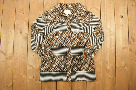 Vintage 1960s Plaid Striped Button Up Polyester Shirt / True Vintage / Dagger Collar / Retro / 1960s Fashion / Plaid Shirt / Button Up