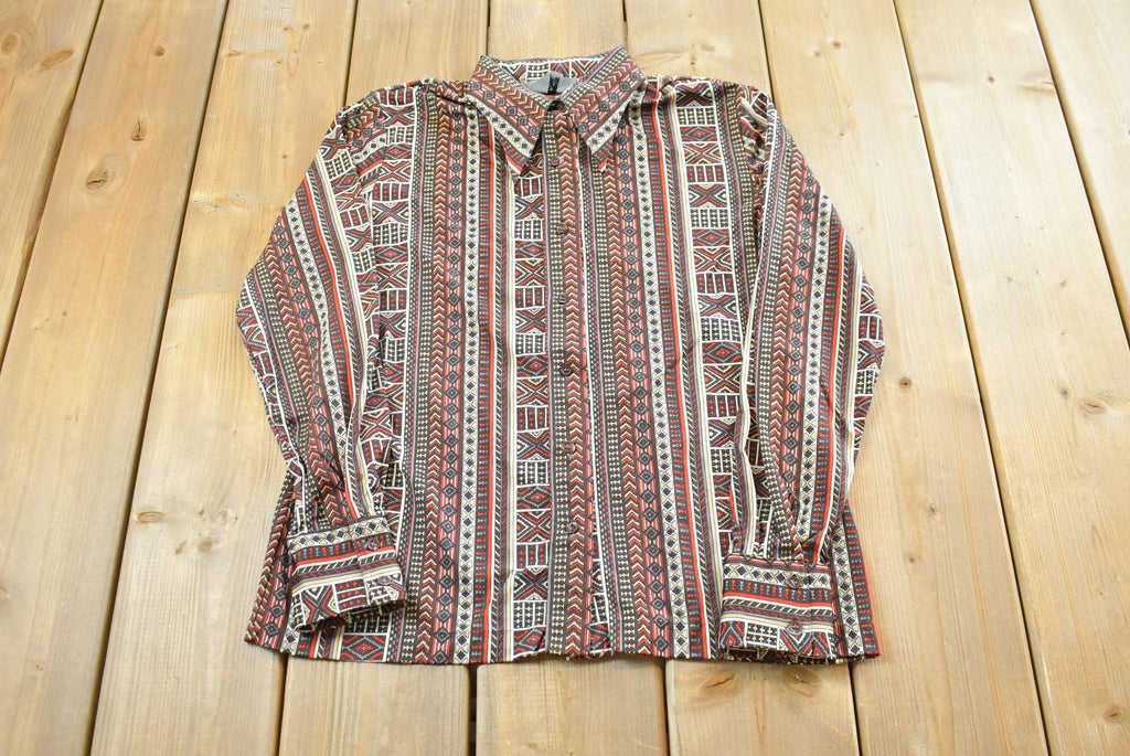 Vintage 1970s Joyce Striped Geometric Abstract Button Up Shirt Womens M /