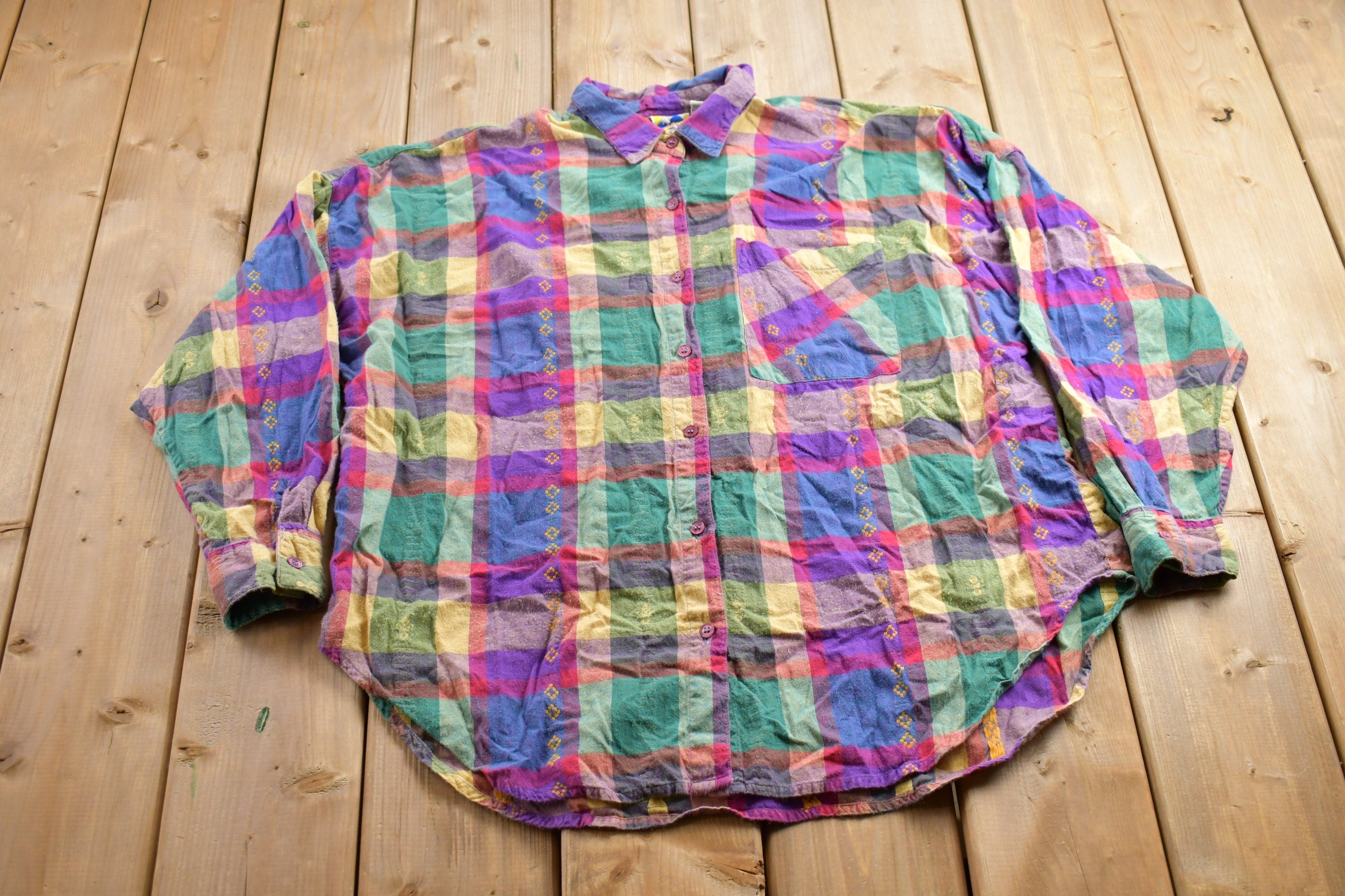 Vintage 1990s Hesny Colourful Plaid Flannel Button Up Shirt