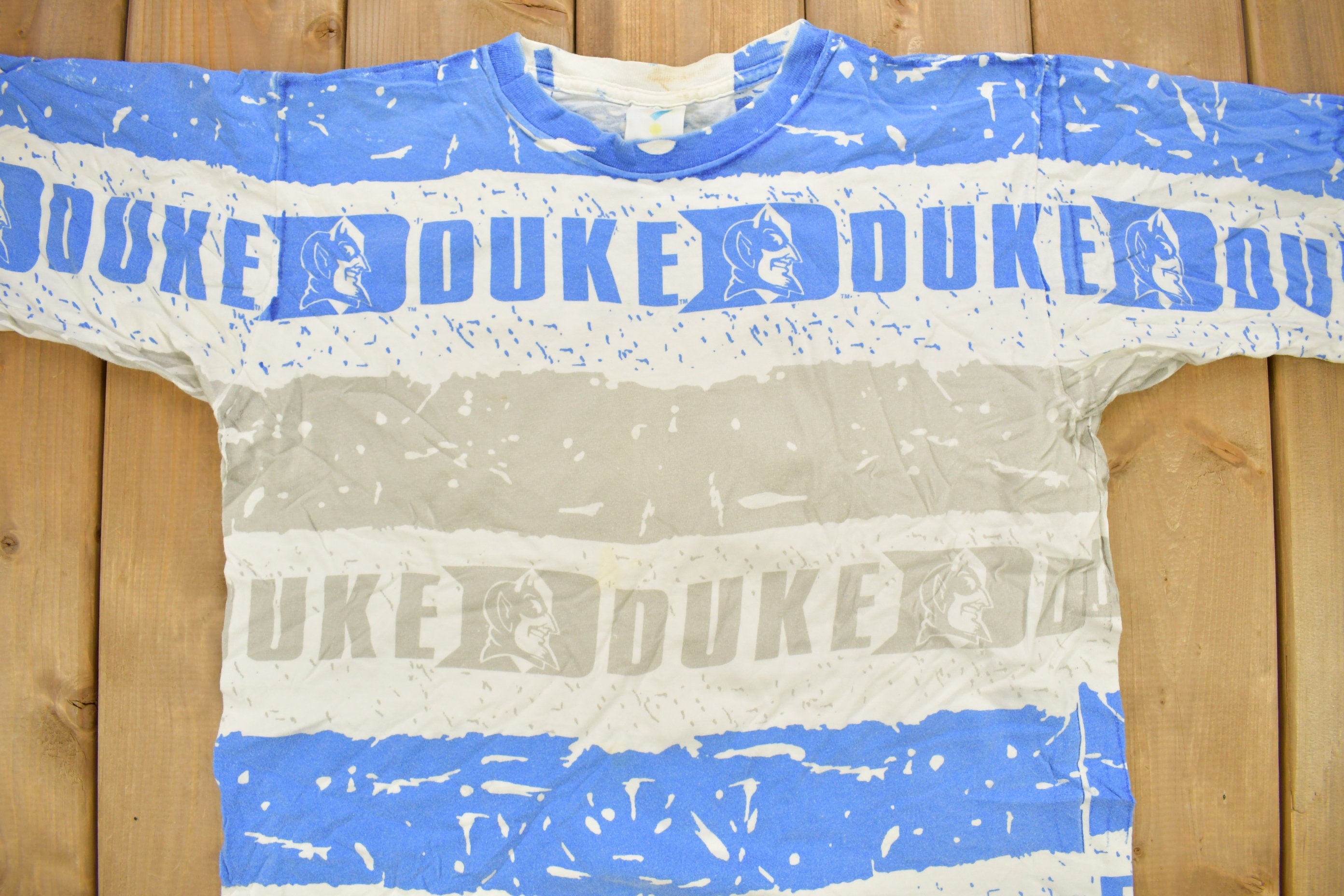 Vintage 1990s Duke University Blue Devils Collegiate T-Shirt  All Over Print  NCAA Tee  Single Stitch  Sportswear  Made In USA