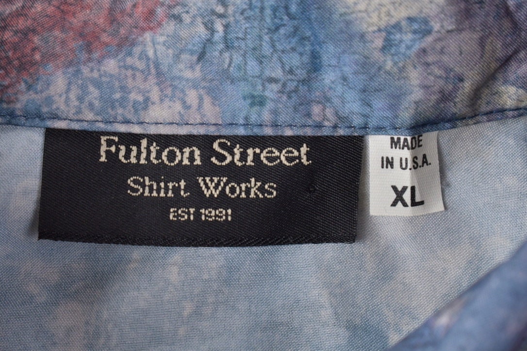 Vintage 1980s Fulton Street Silk Button Up Polo Shirt Floral Abstract Pattern