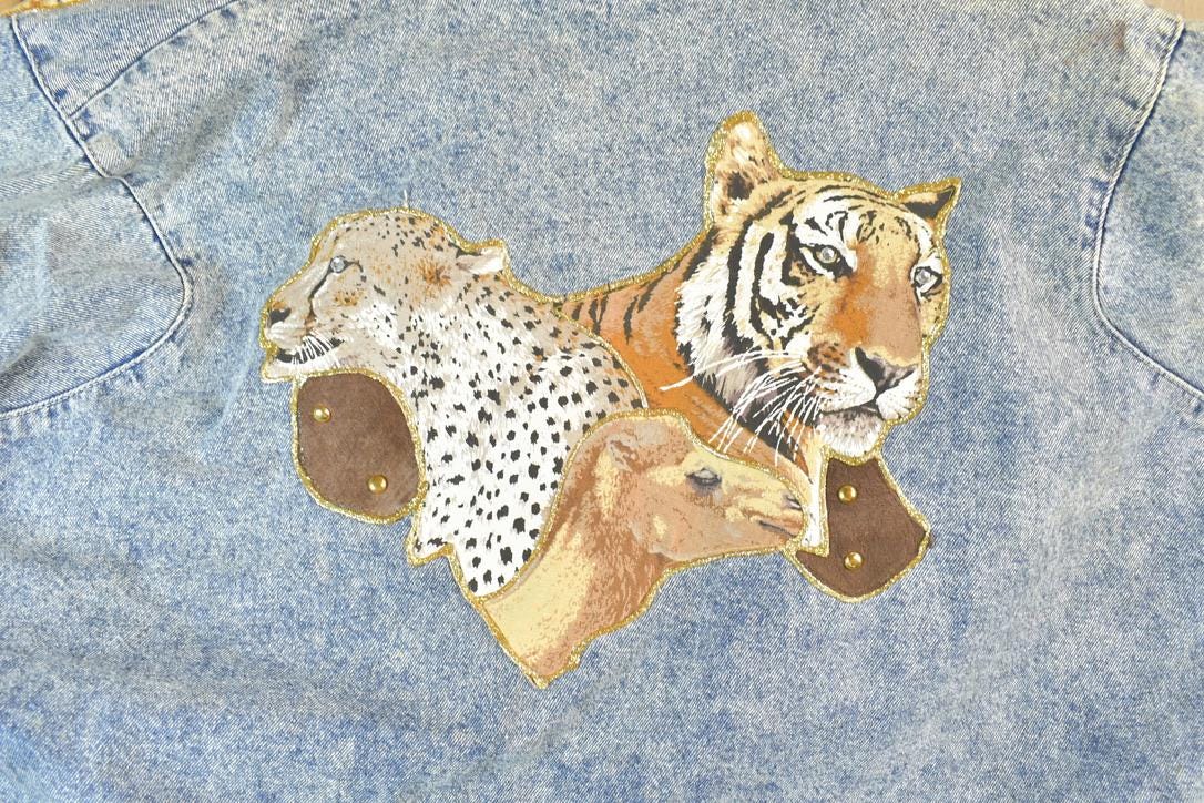 Vintage 1980s Studded Tigers and Leopards Jean Jacket Made In USA