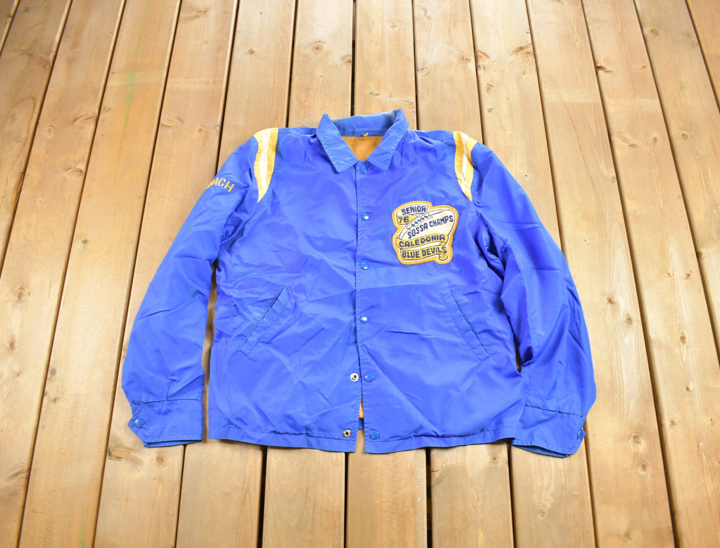 Vintage 1970s Caledonia Blue Devils Satin Bomber Jacket / Snap Button / Athletics / Souvenir Jacket / Streetwear / Sossa Champs