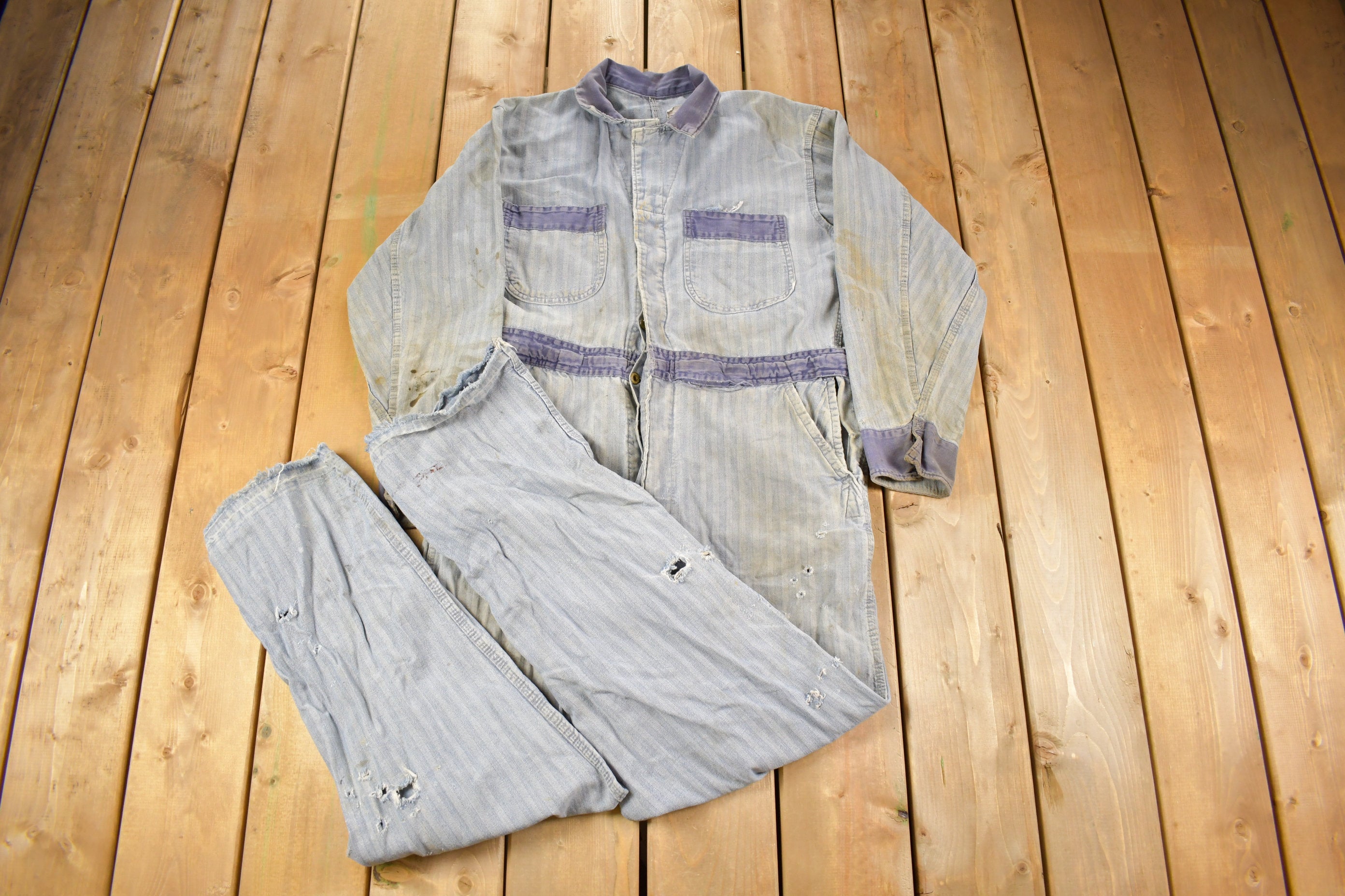 Vintage 1930s Perfect Union Made DIstressed Denim Button Down Jumpsuit