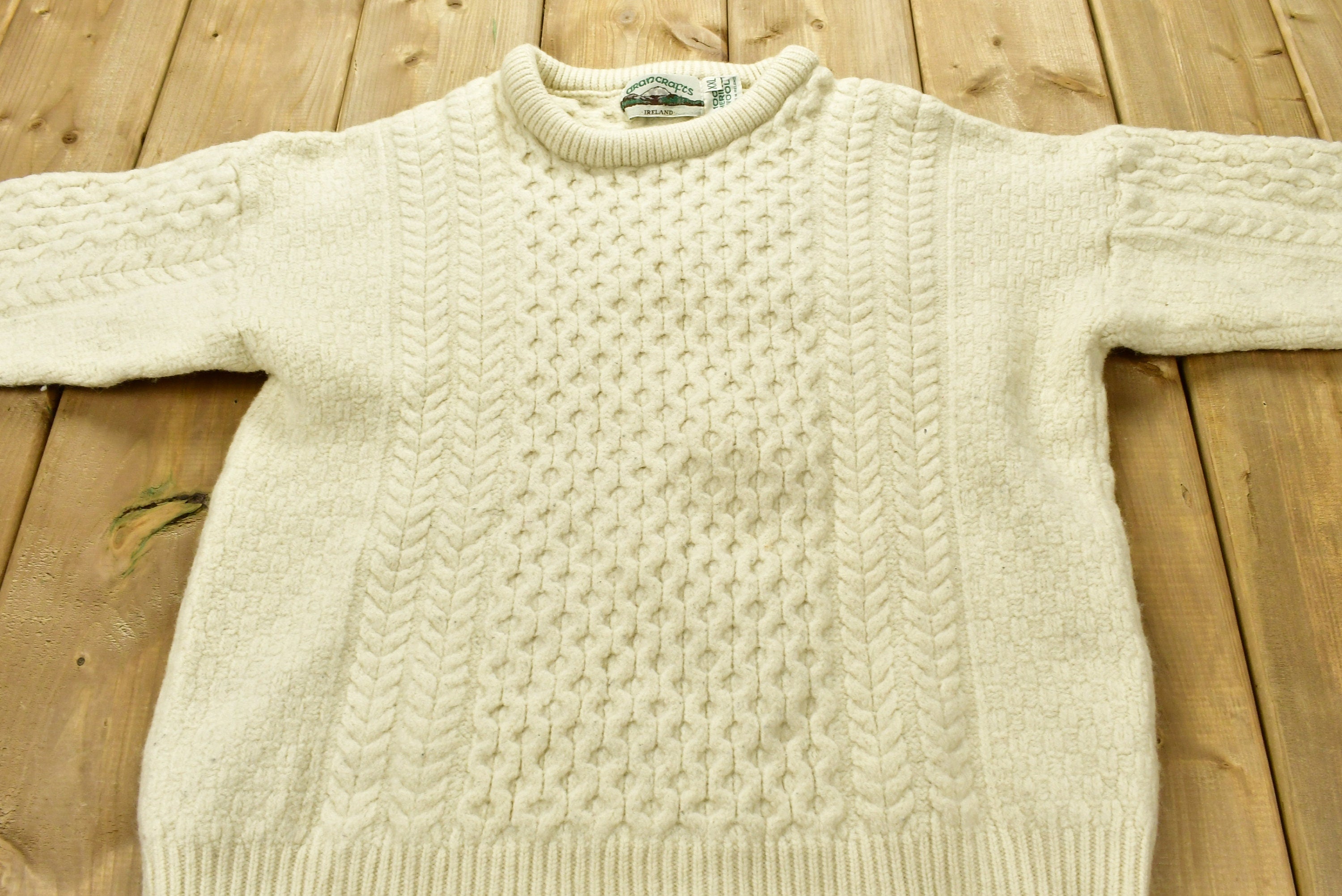 Vintage 1990s Aran Crafts 100% Merino Wool 3D Cable Knit Sweater