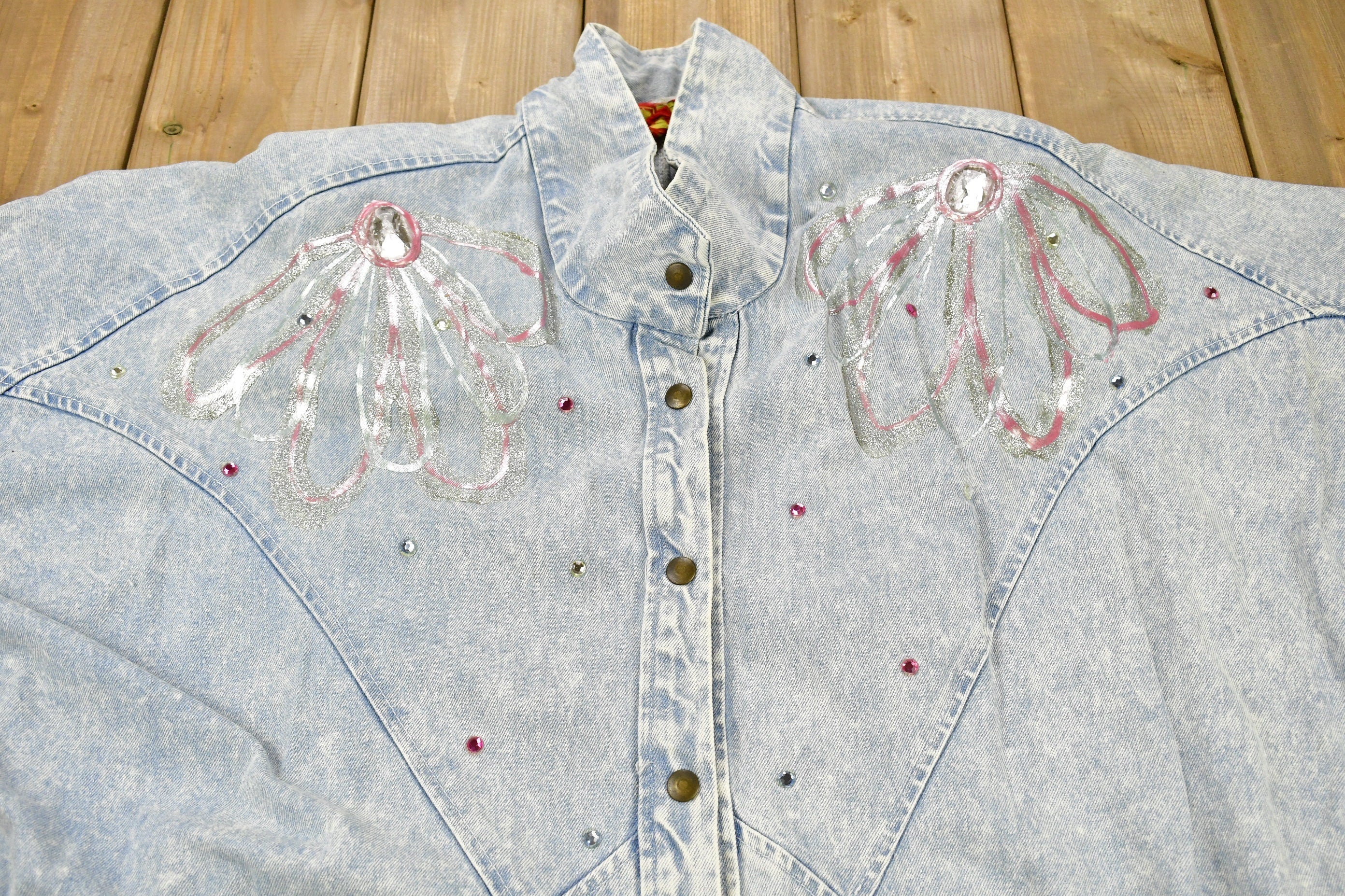 Vintage 1990s Custom Beads Cute Denim Jean Jacket