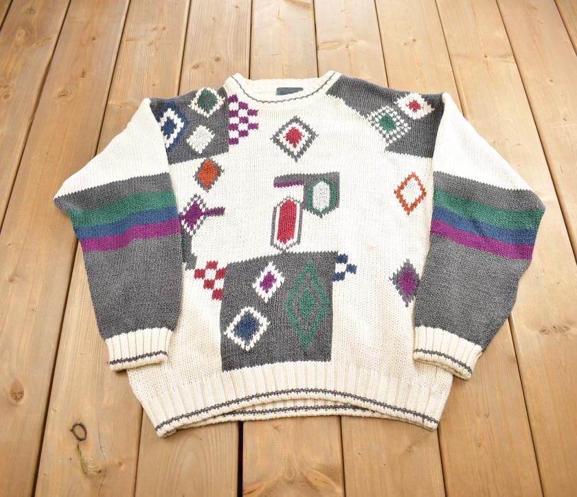 Vintage 1980s Abstract Pattern Etchings Knit Crewneck Sweater