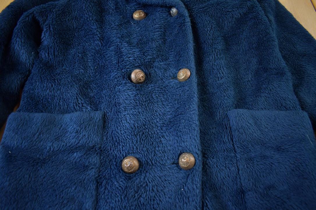 Vintage 1980s Blue Button Up Faux Fur Coat