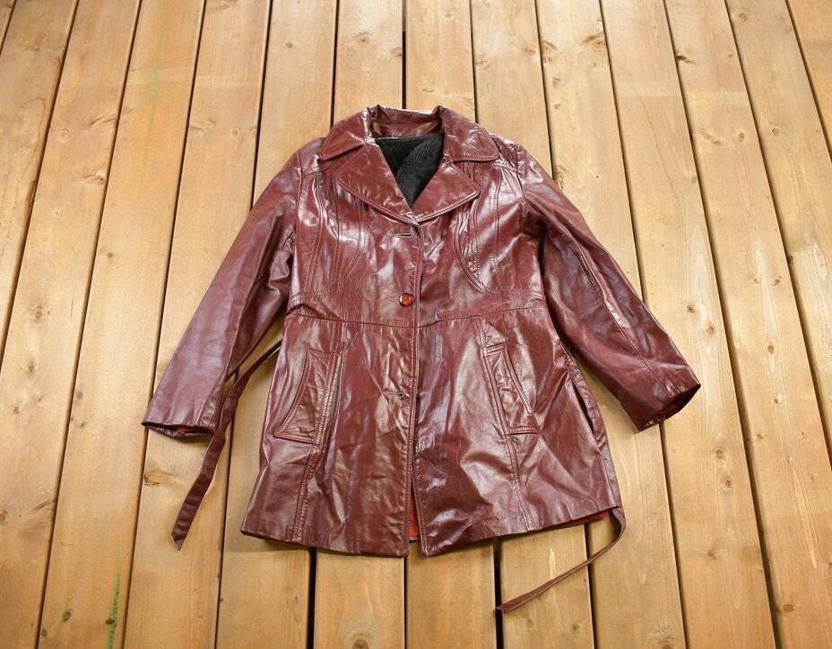 Vintage 1980s Burgundy Leather Jacket / Fall Outerwear / Leather Coat / Trench Coat / Fur Lined / Suede Jacket