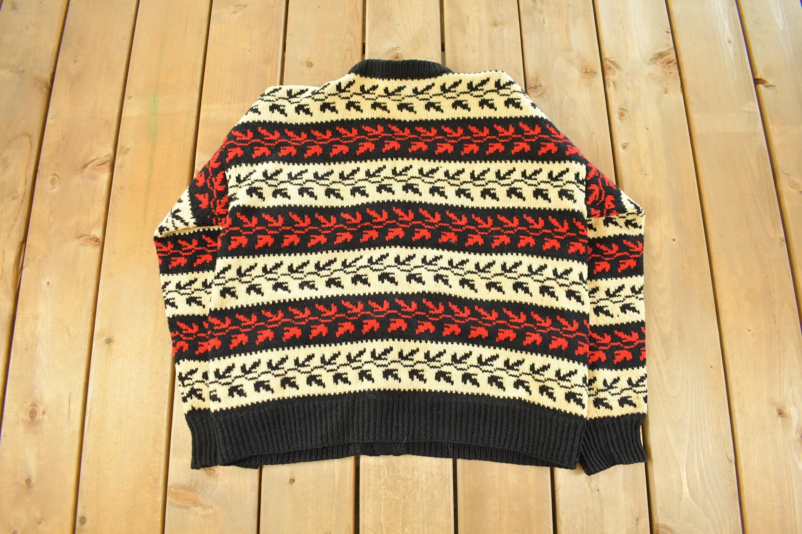 Vintage 1970s Leaves All Over Print Knit Cardigan Sweater Women's Large
