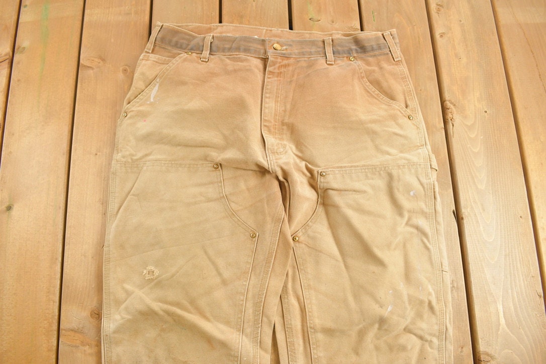 Vintage 1990s Carhartt Beige Double Knee Work Pants Size 38 x 32