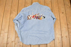 Vintage 1990s Warner Brothers Bugs Bunny Gang Embroidered Denim Button Up Shirt Mens L