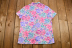 Vintage 1970s Floral Quarter-Button Up Short Sleeve Blouse