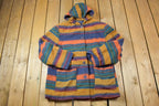 Vintage 1990s Striped Wool Hooded Aztec Style Button Up Jacket Made In