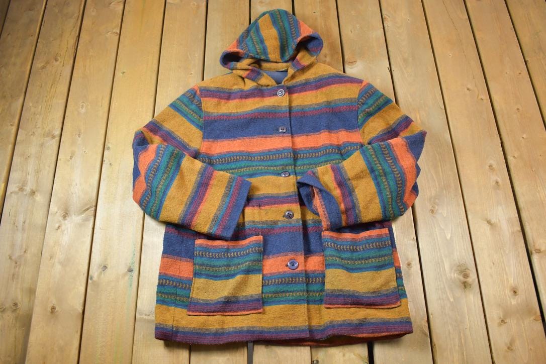 Vintage 1990s Striped Wool Hooded Aztec Style Button Up Jacket Made In