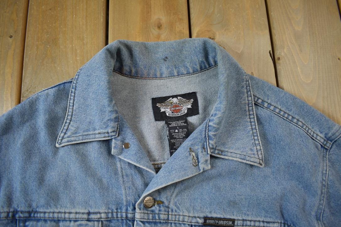 Vintage Y2K Harley Davidson Motorcycles Embroidered Jean Jacket - Large