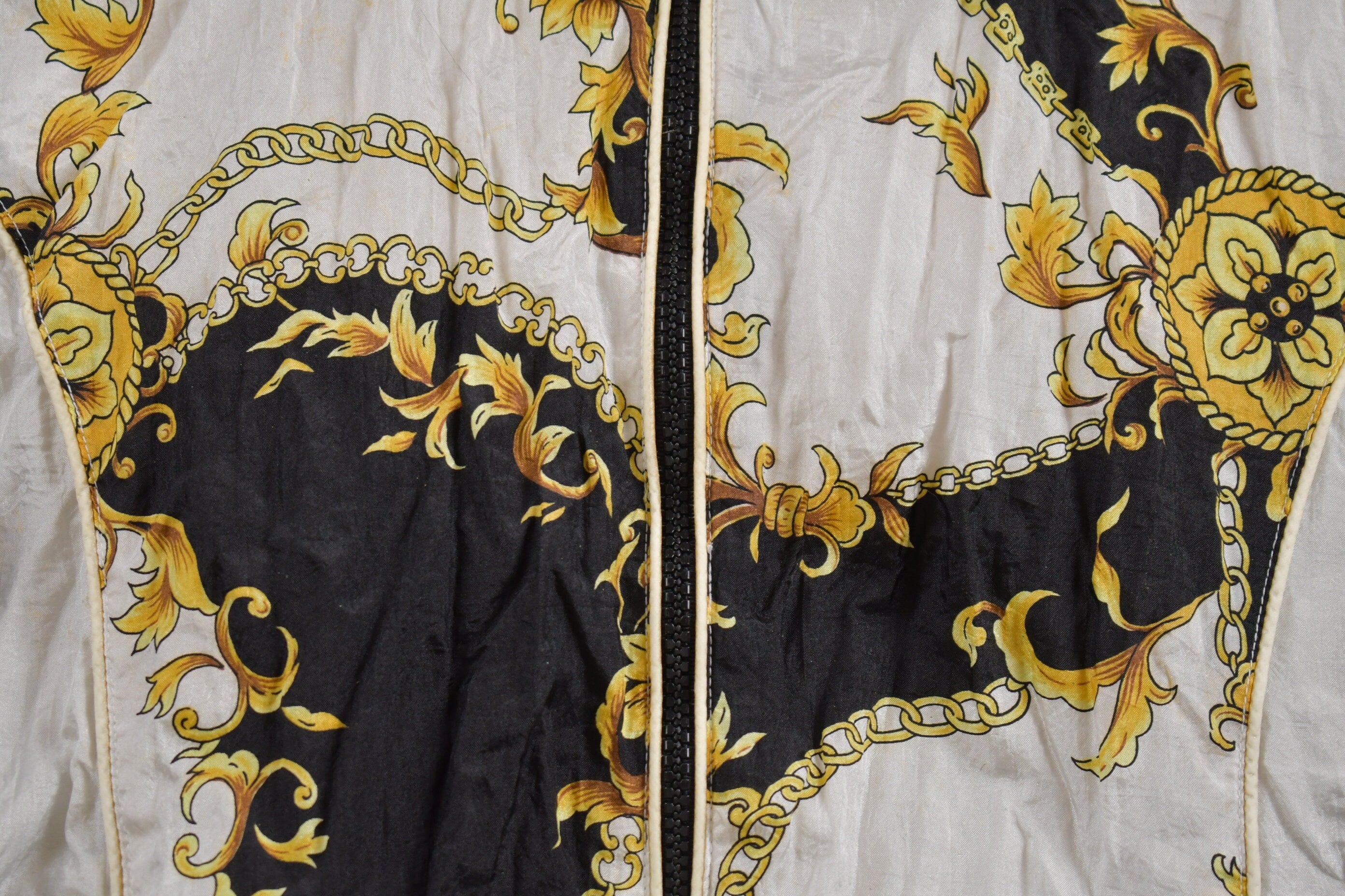 Vintage 1980s Active Frontier Abstract Golden Floral Pattern Windbreaker Jacket All Over Print