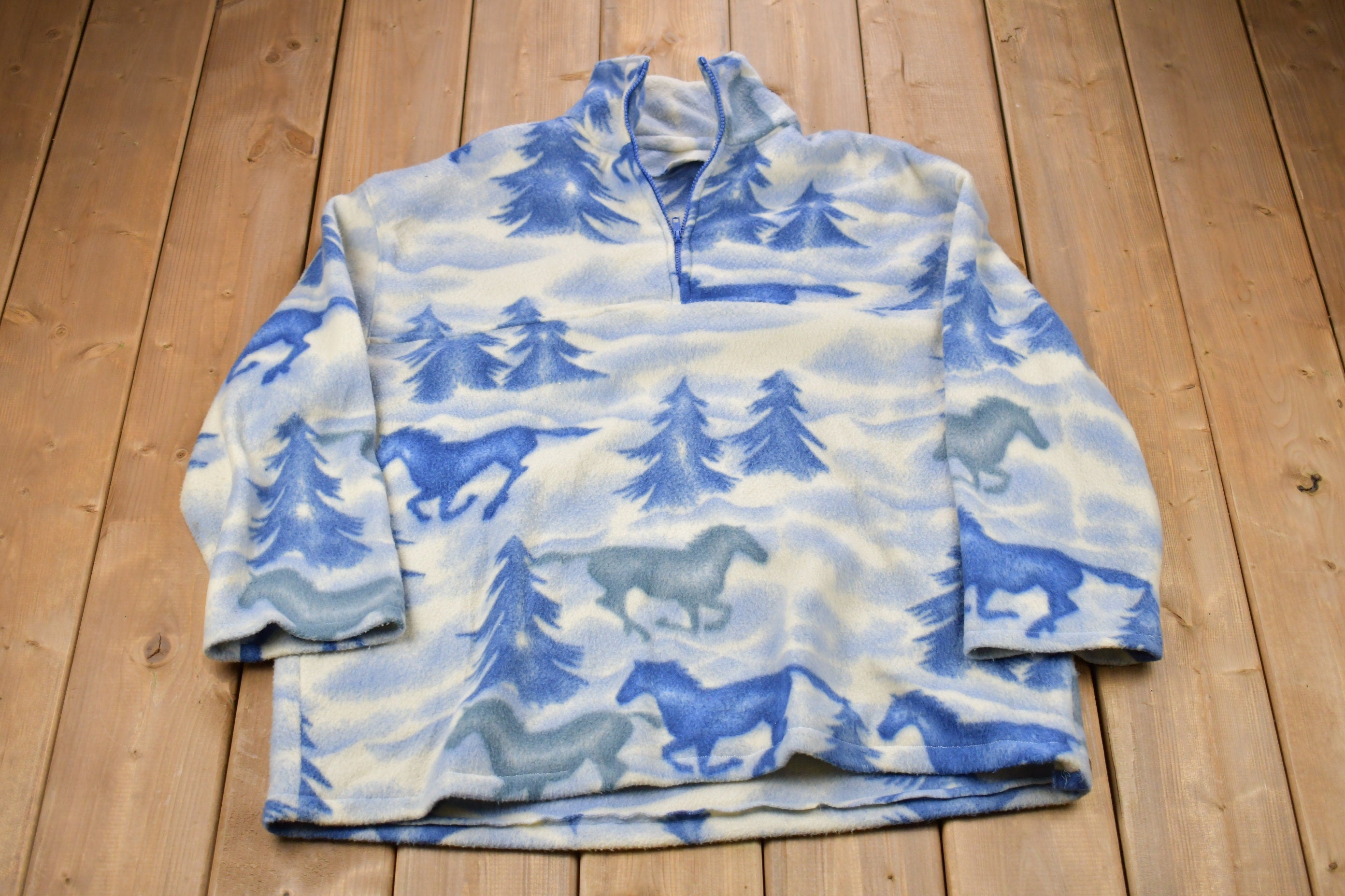 Vintage 1990s All Over Print Horse Fleece Quarter Zip Sweater