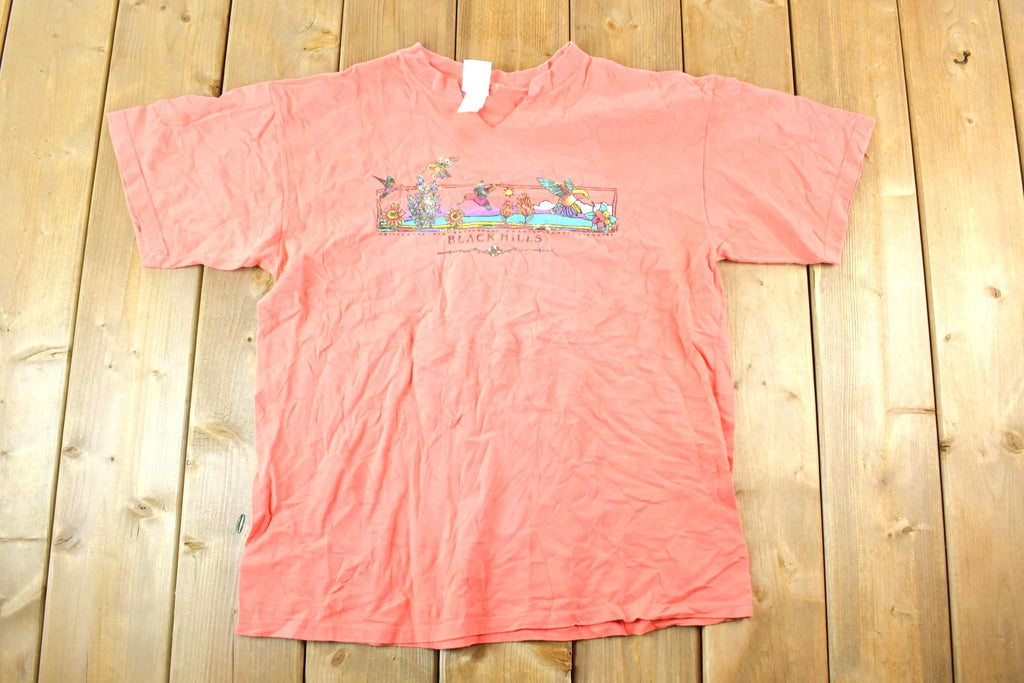 Vintage 1990s Black Hills Floral Hummingbird Souvenir T-Shirt Womens Large