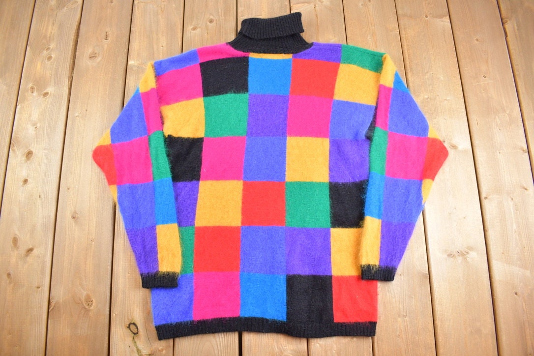 Vintage 1980s Variations Rainbow Checker Knit Sweater / 80s Turtle Neck / Lambs Wool / Angora Rabbit / Sweatshirt / 80s Fuzzy Knit Sweater