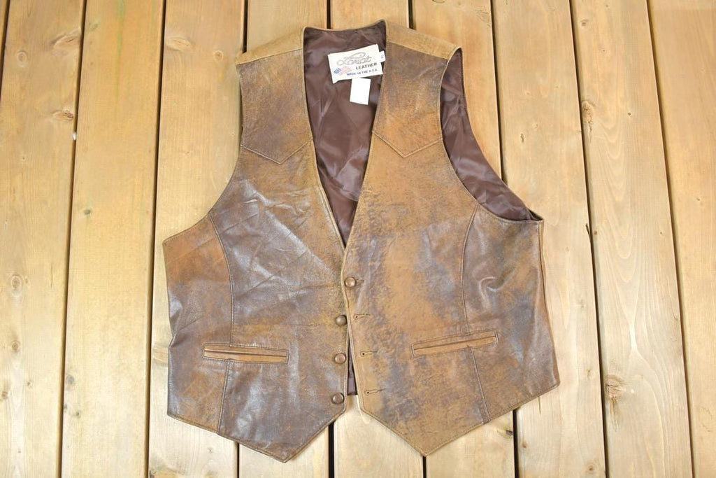 Vintage 1990s Lariat Leather Perfectly Distressed Western Cowboy Vest Made In USA