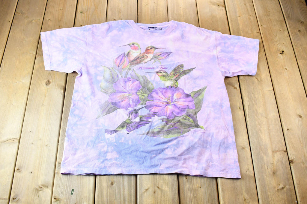 Vintage 1990s Polar Graphics USA Tie Dye Hummingbird and Flower Scene Graphic T-Shirt