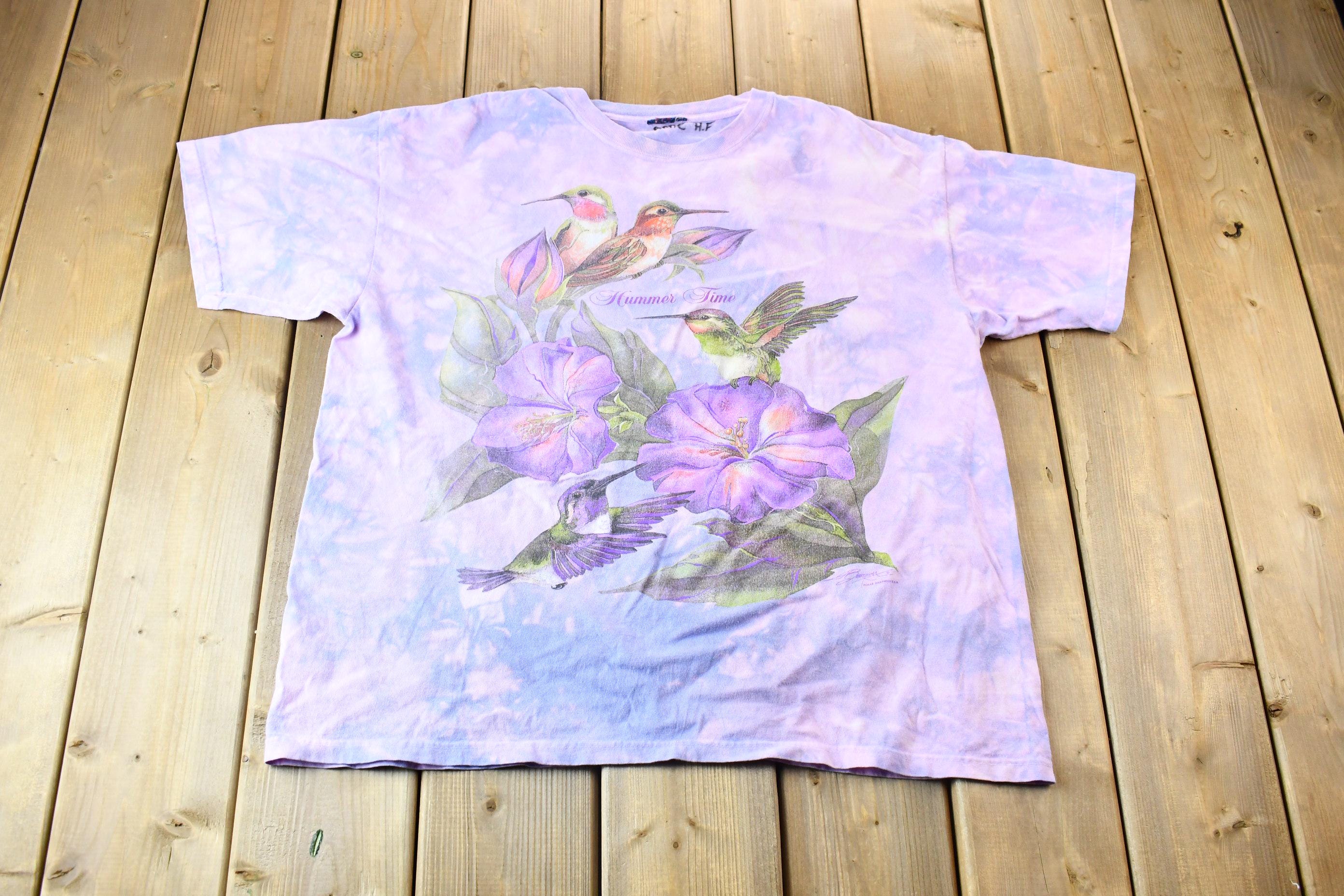Vintage 1990s Polar Graphics USA Tie Dye Hummingbird and Flower Scene Graphic T-Shirt
