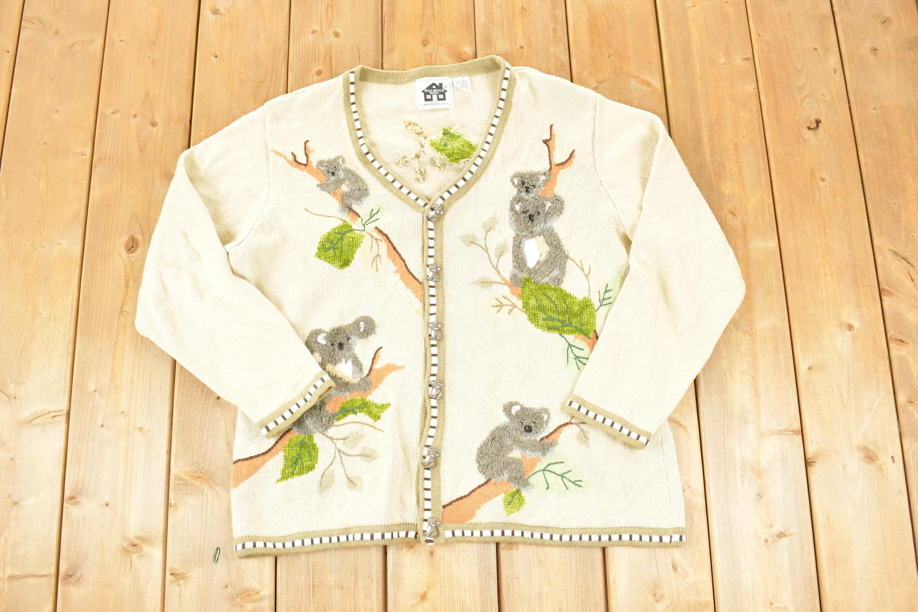 Vintage 1990s Storybook Knits Embroidered Koala Cardigan Sweater Women's XL