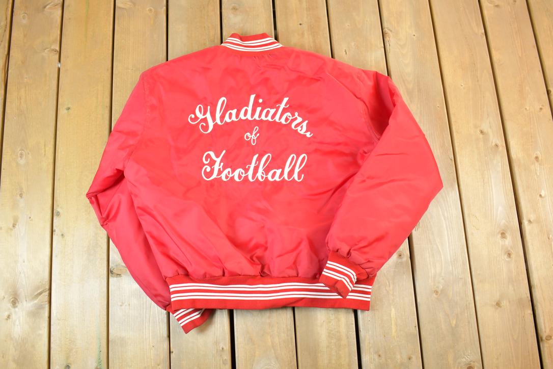 Vintage 1980's New York Knights Embroidered Gladiator Football Snap Button Satin Jacket Made In USA