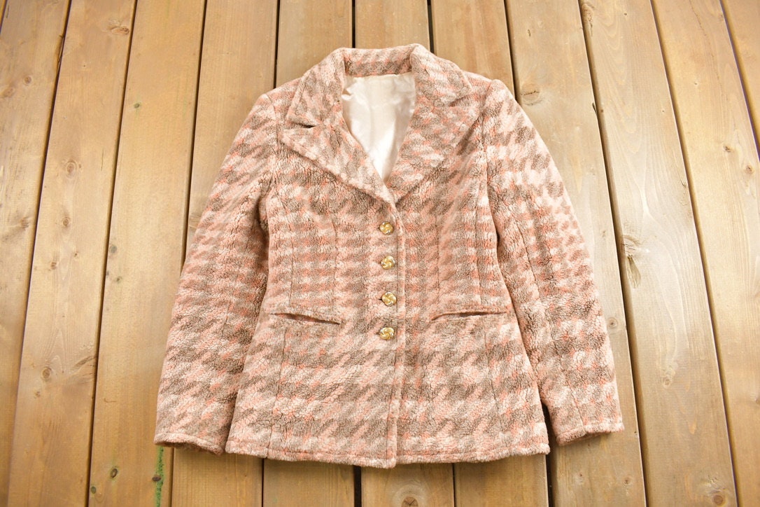 Vintage 1980s Fleece Houndstooth Blazer / Fleece Jacket / Vintage 80s Jacket / Outdoor / Winter / 80s Houndstooth Blazer