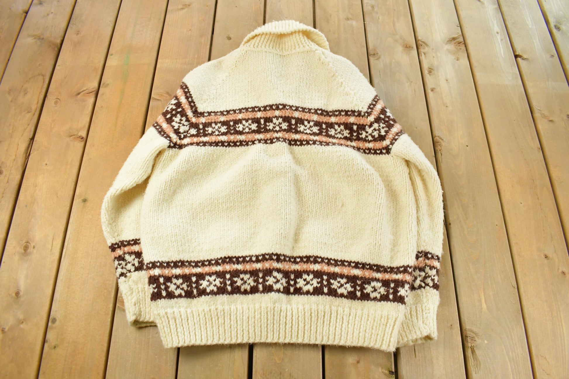 Vintage 1970s Cowichan Full Zip Hand Knit Sweater Men's Large