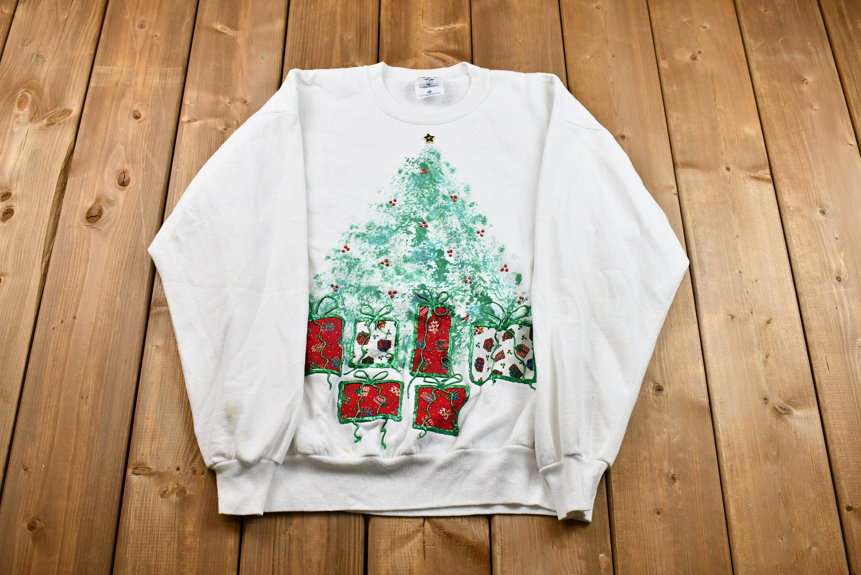 Vintage Christmas Sweater , 90s Holiday Crewneck , Made in USA , Winter Wear , Festive Christmas Tree Print
