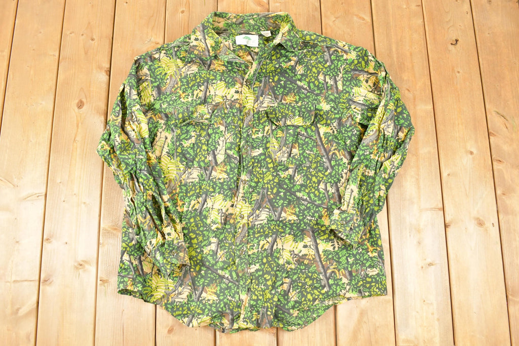 Vintage 1990s Bushlan AOP Woodland Camo Button Up Shirt Mens L