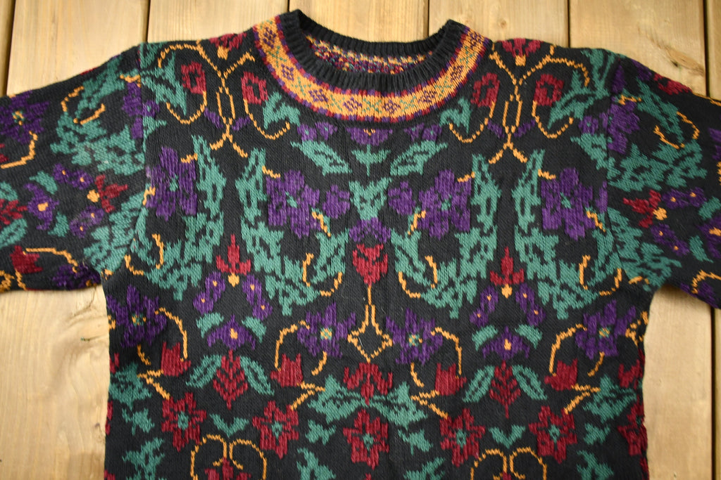 Vintage 1990s Lands End Floral Pattern Knitted Sweater