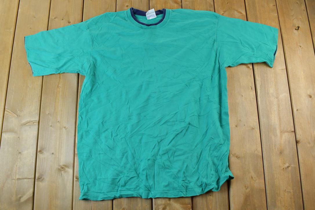 Vintage 1990s Blank Double Collar Double Sleeve Teal T-Shirt