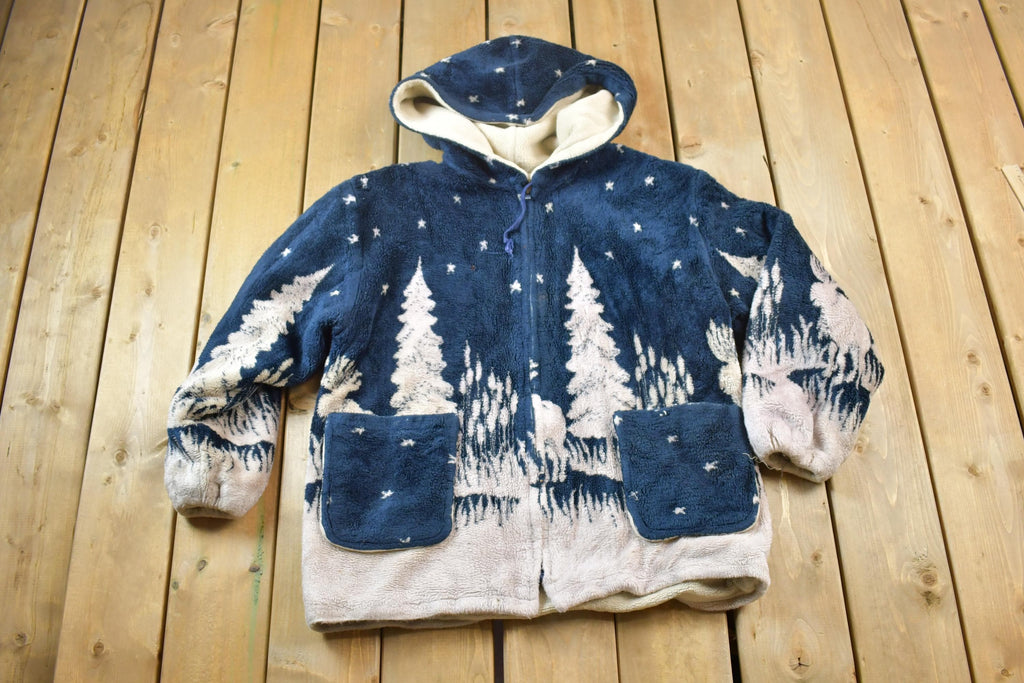 Vintage 1990s Forest Pines Moose Fleece Hoodie Zip Up Sweater