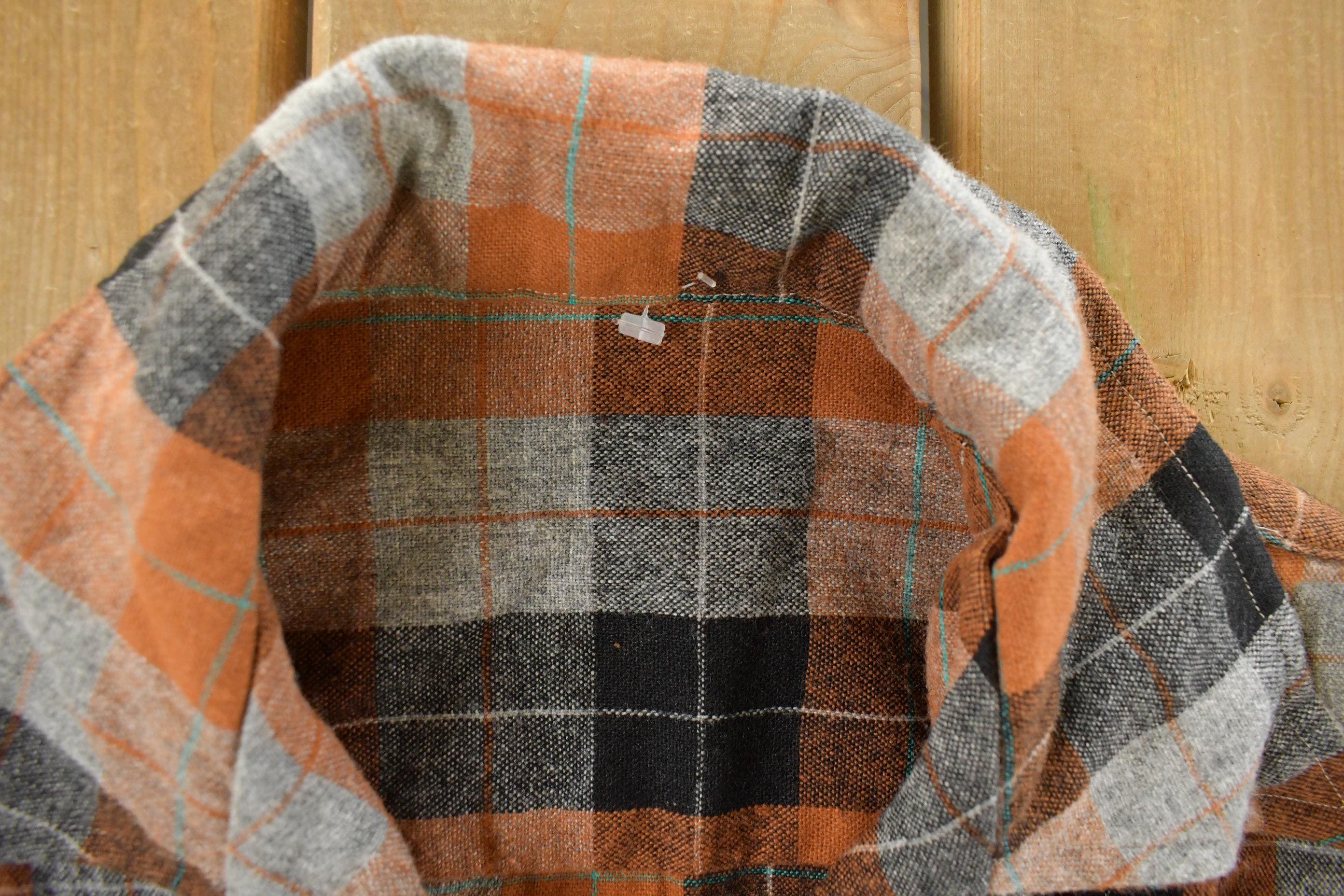 Vintage 1970s Flannel Wool Plaid Button Up Blazer Shirt Women's Large