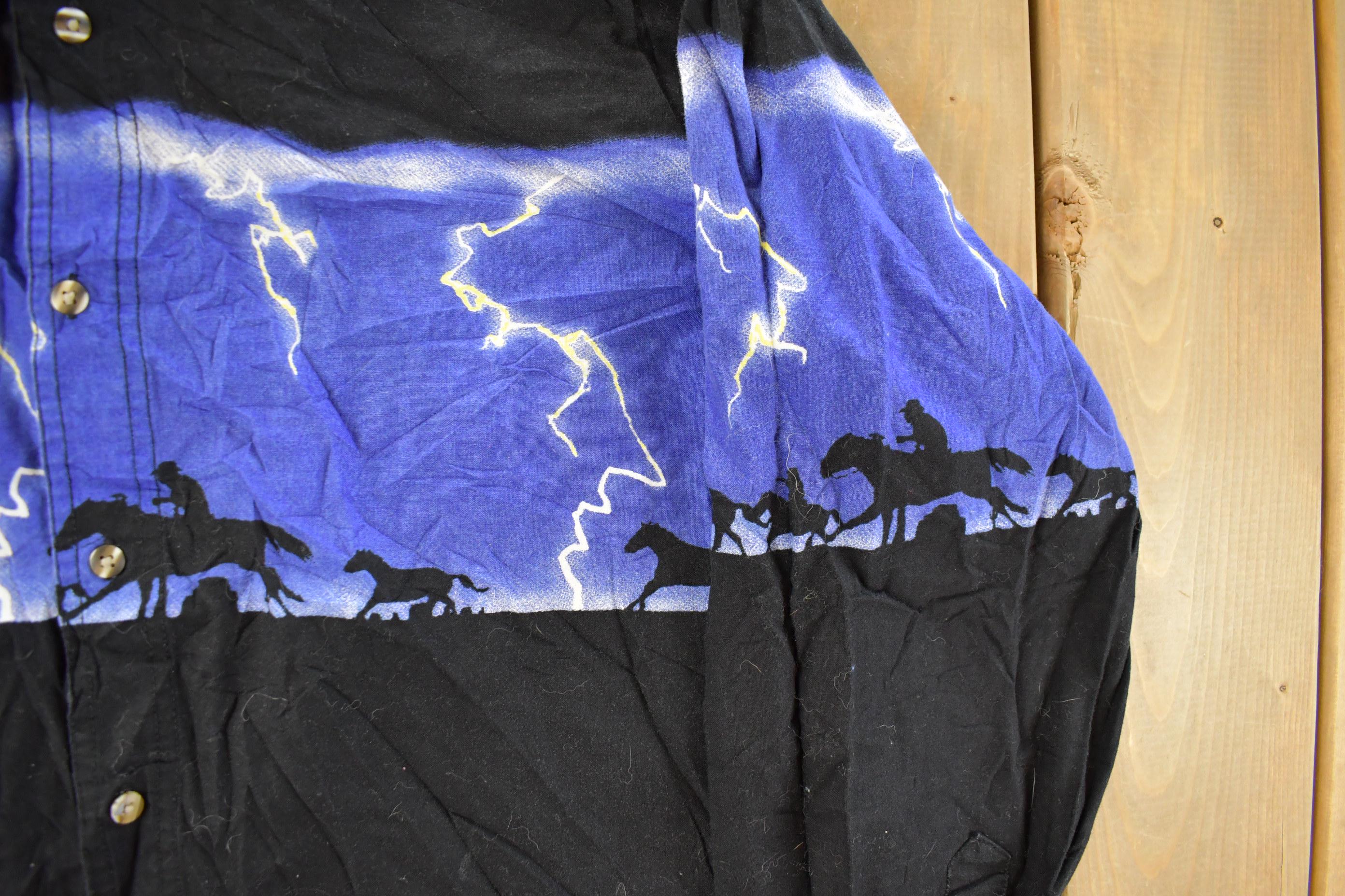 Vintage 1990s Express Rider Western Shirt Horse Theme Pearl Snap Button Up Shirt Men's Large  Vintage Cowboy Shirt  Rodeo Shirt