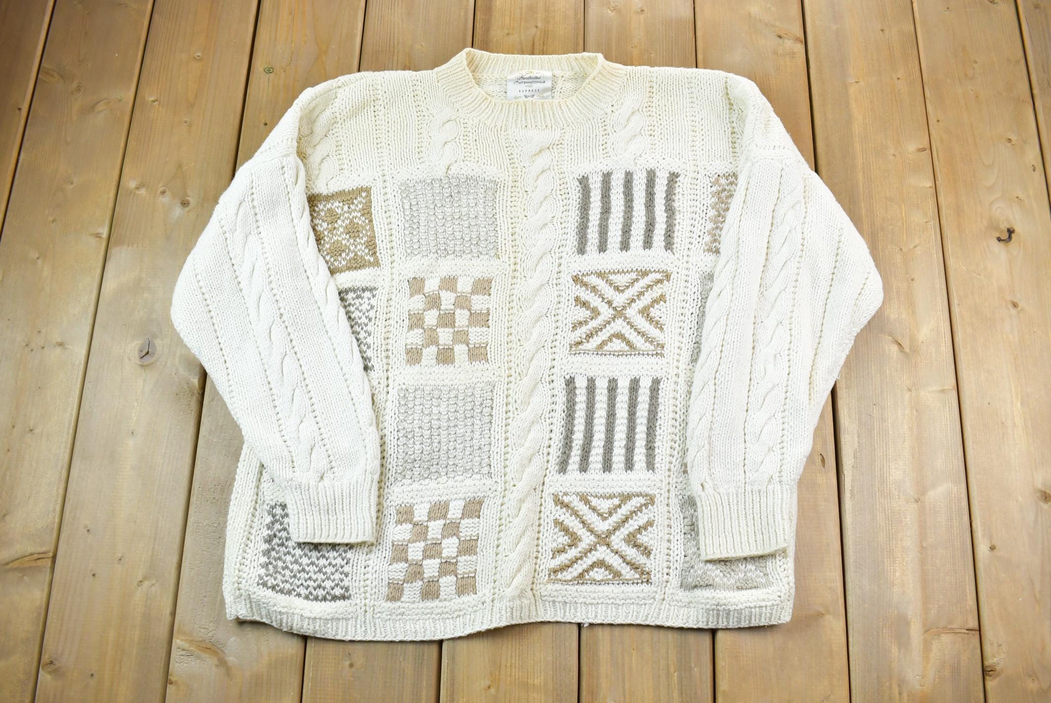 Vintage 1990s Hand Knitted Cie International Express Cable Knit Crewneck Sweater