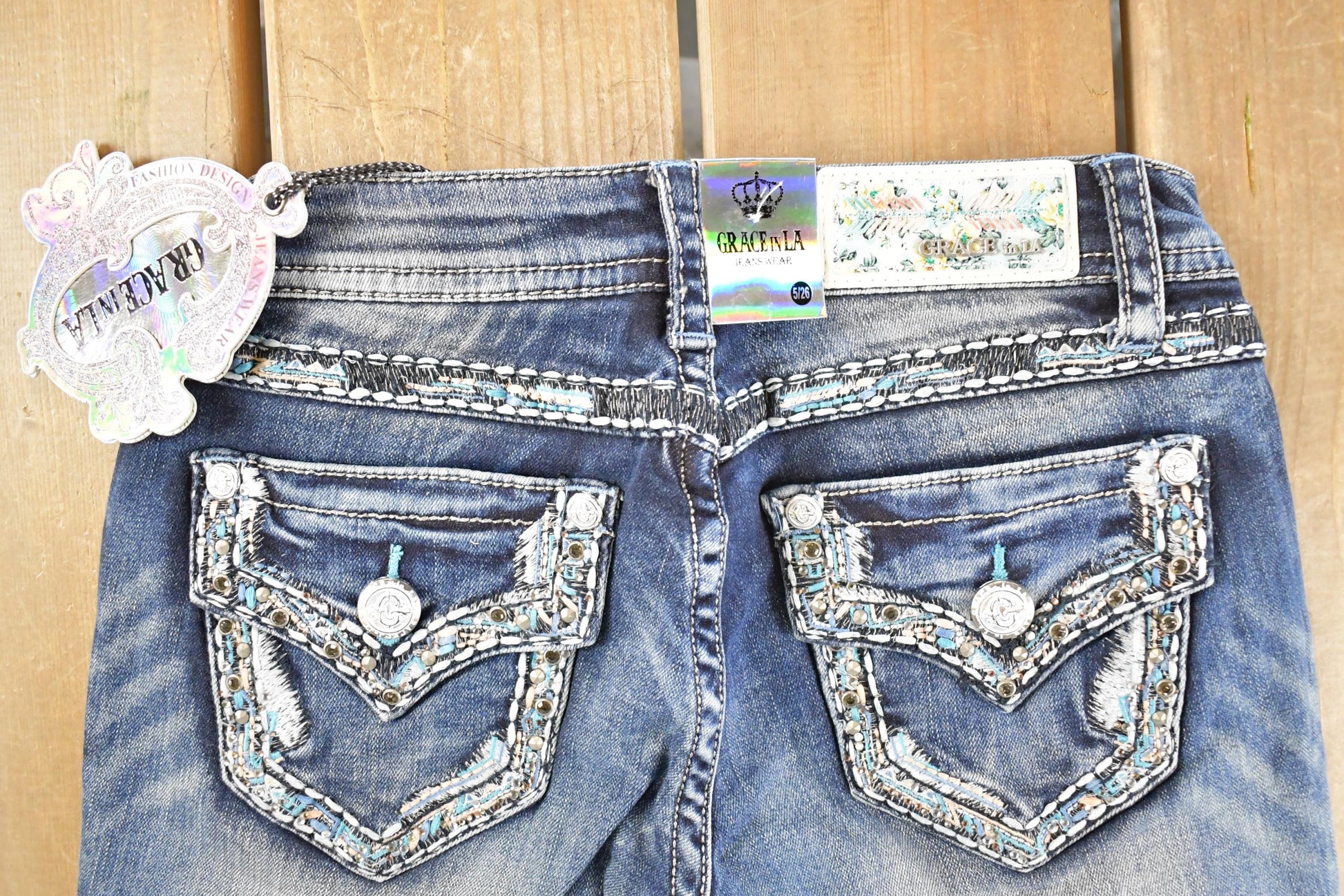 Vintage Deadstock Y2K Grace In LA Bedazzled Bootcut Low Rise Jeans Women's Size 26 x 29