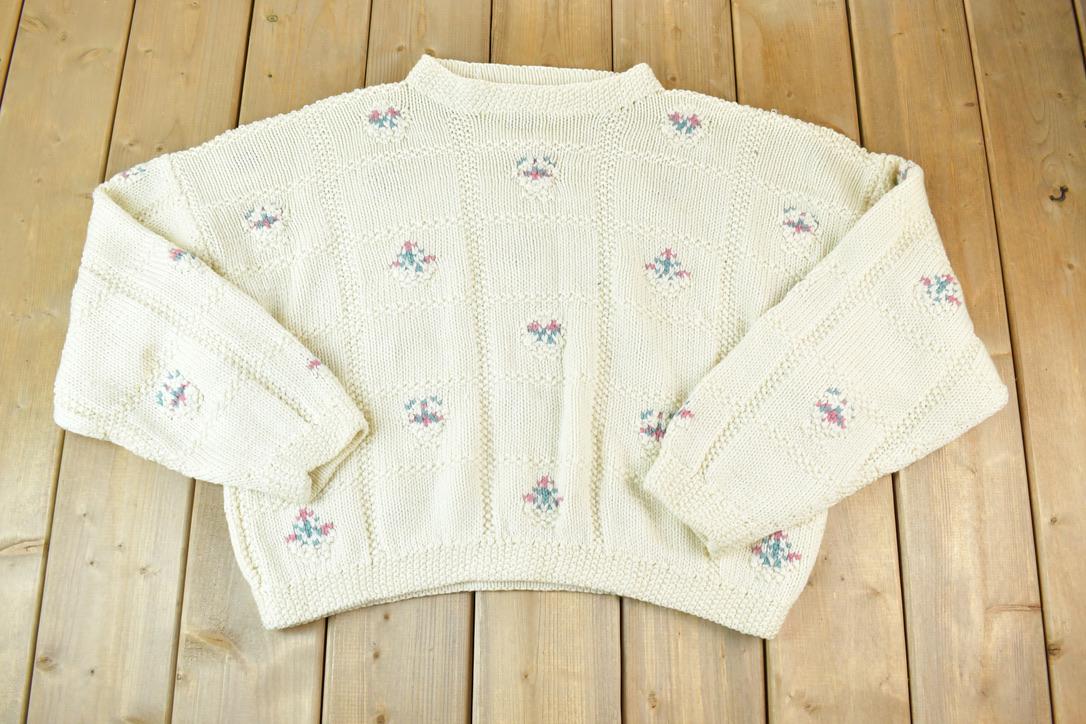 Vintage 1990s Chunky Knit Floral Boxy Abstract Pattern Crewneck Sweater Made In USA