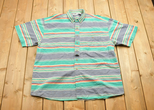 Vintage 1990s Gitano Striped Button Up Short Sleeve Shirt / 1990s Button Up / Vintage Colors / Striped Button Up / Pastel Button Up